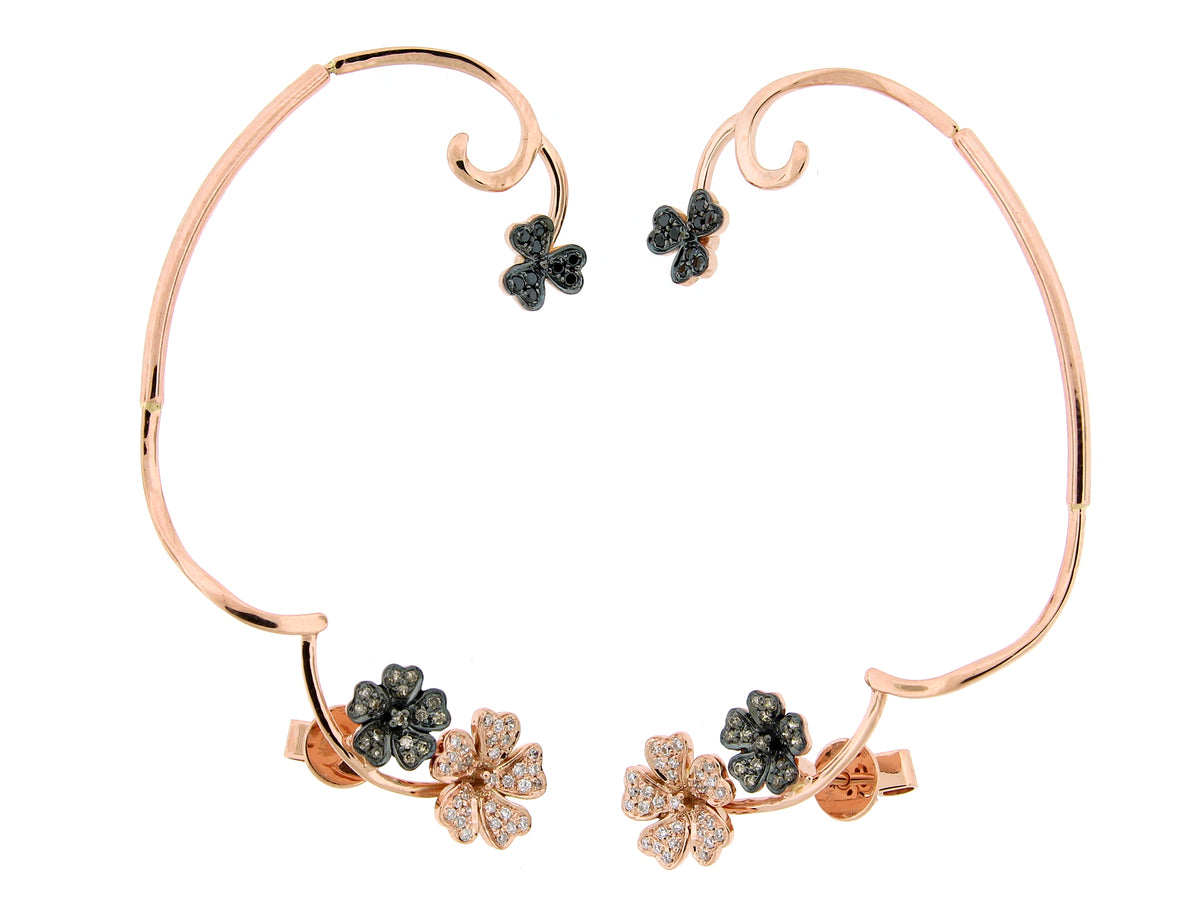 BLACK, BROWN & WHITE DIAMOND CLOVER CLIMBER EARRING, 14KR (R/N)