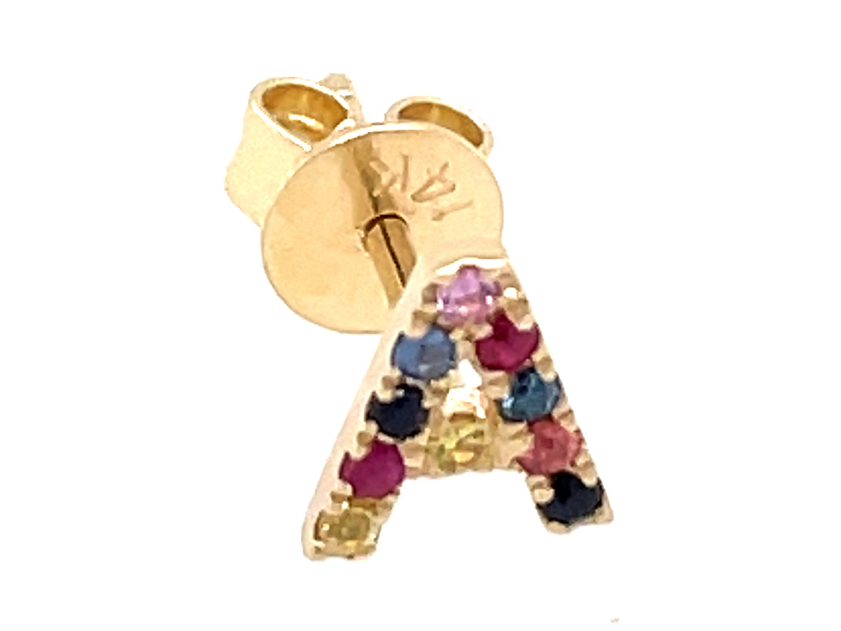 RAINBOW SAPPHIRE LETTER A SINGLE STUD EARRING