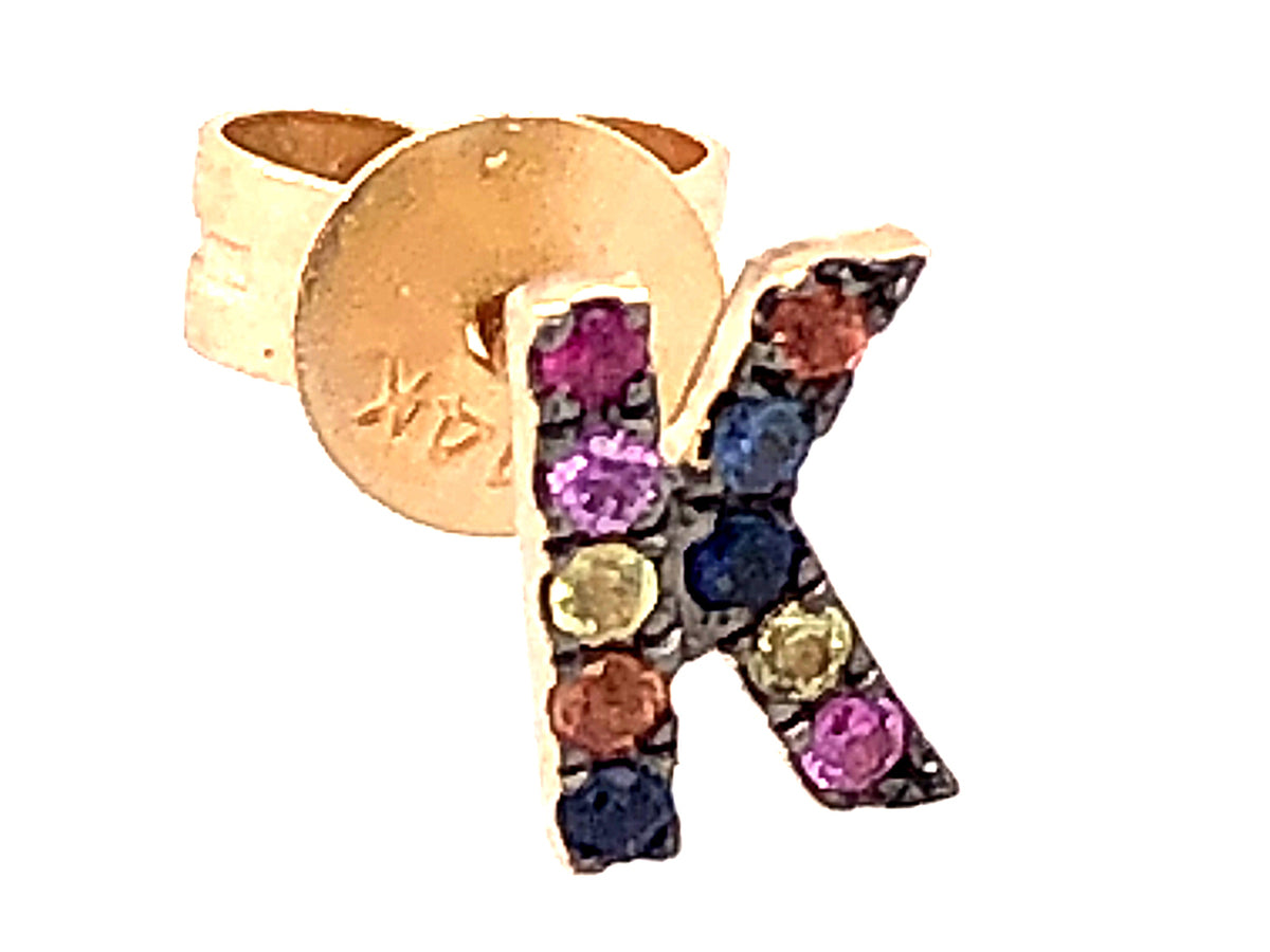RAINBOW SAPPHIRE LETTER K SINGLE STUD EARRING, 14KY, BLACK RHODIUM PRONGS (H/U)