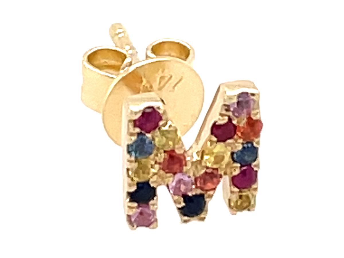 RAINBOW SAPPHIRE LETTER M SINGLE STUD EARRING