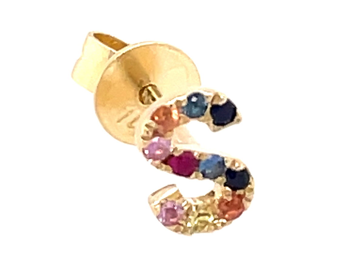 RAINBOW SAPPHIRE LETTER S SINGLE STUD EARRING