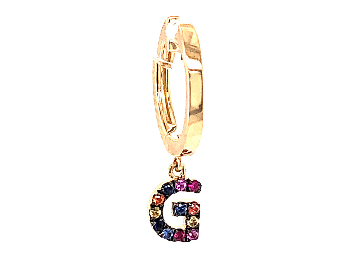 RAINBOW SAPPHIRE LETTER G SINGLE DANGLE EARRING, 14KY (H/U)