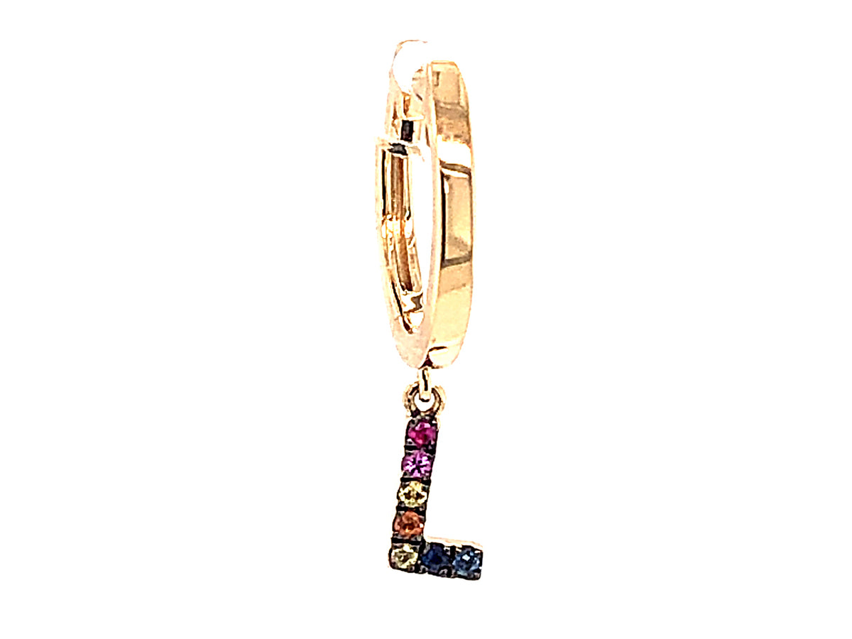 RAINBOW SAPPHIRE LETTER L SINGLE DANGLE EARRING, 14KY (H/U)