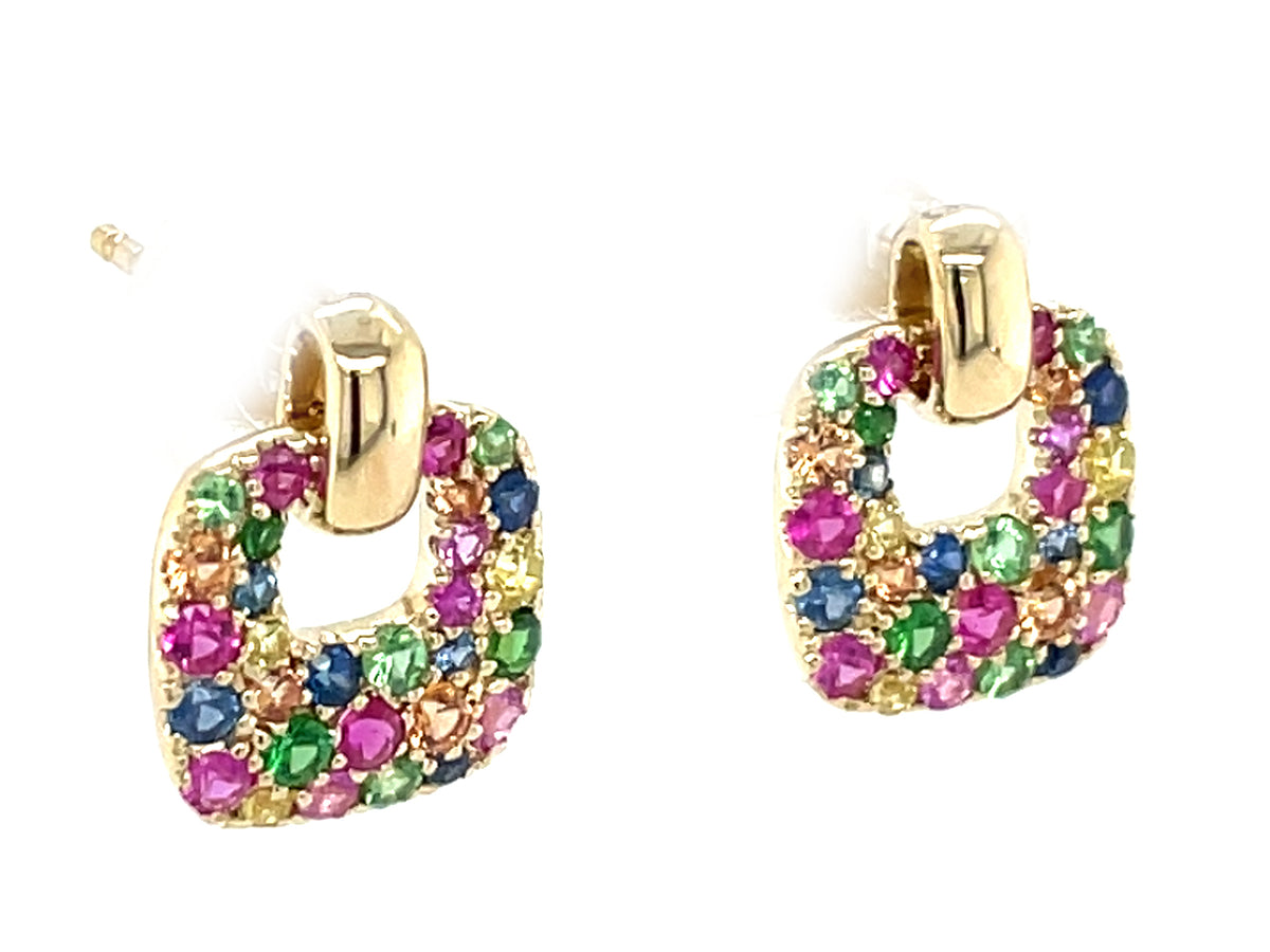 Rainbow Sapphire Tsavorite Pave Cushion Earring, 10mm, 14ky (H/U/N)