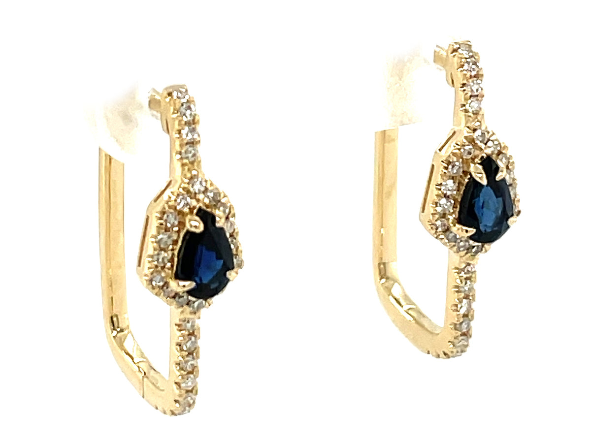 SAPPHIRE PEAR & DIAMOND RETANGLE HOOP EARRING, 20X12MM