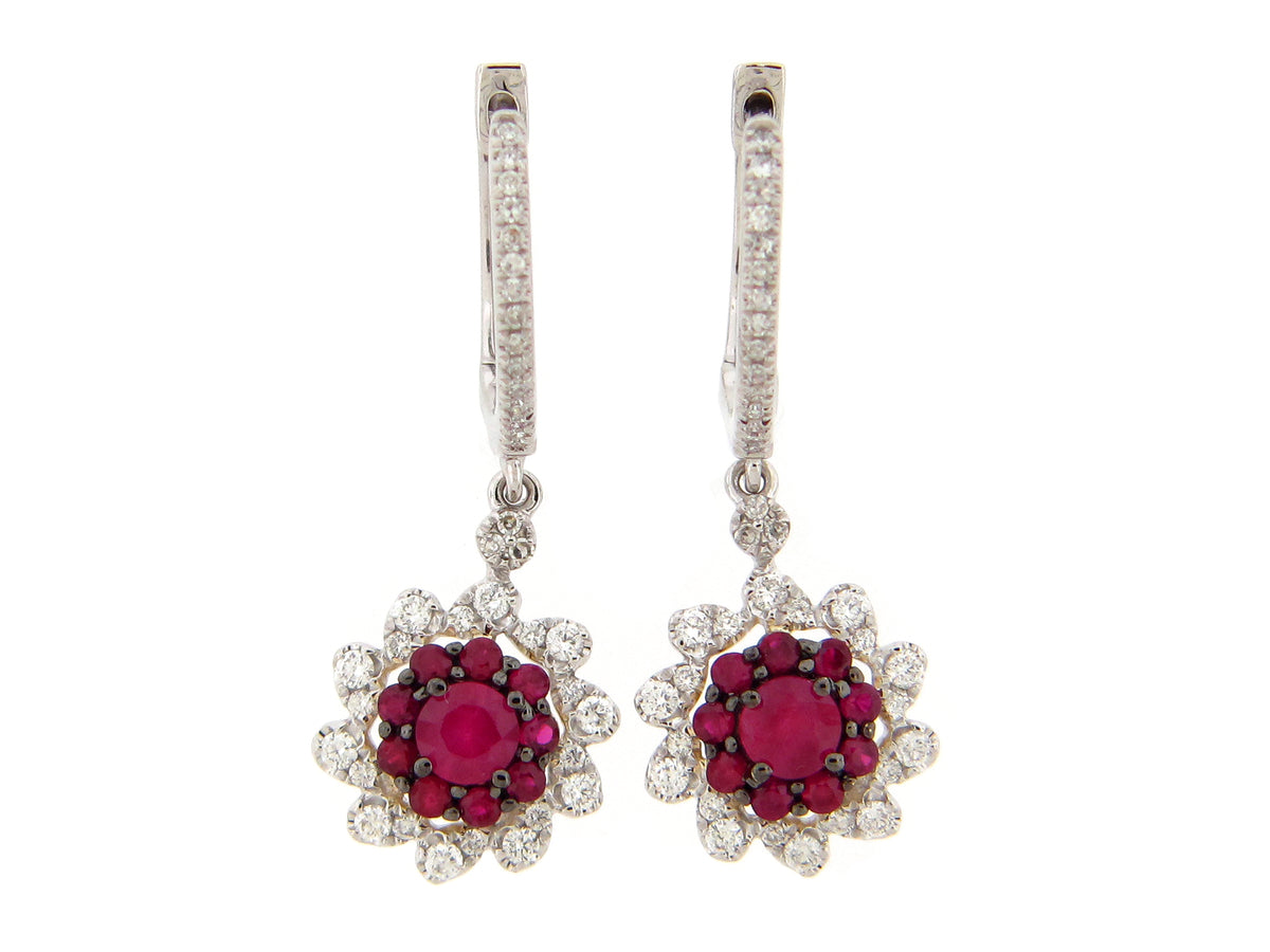 RUBY CLUSTER & DIAMOND HALO DANGLE EARRING