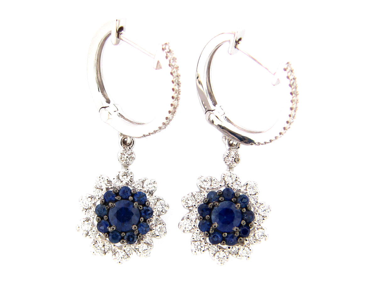 SAPPHIRE CLUSTER & DIAMOND HALO DANGLE EARRING, 14KW (H)