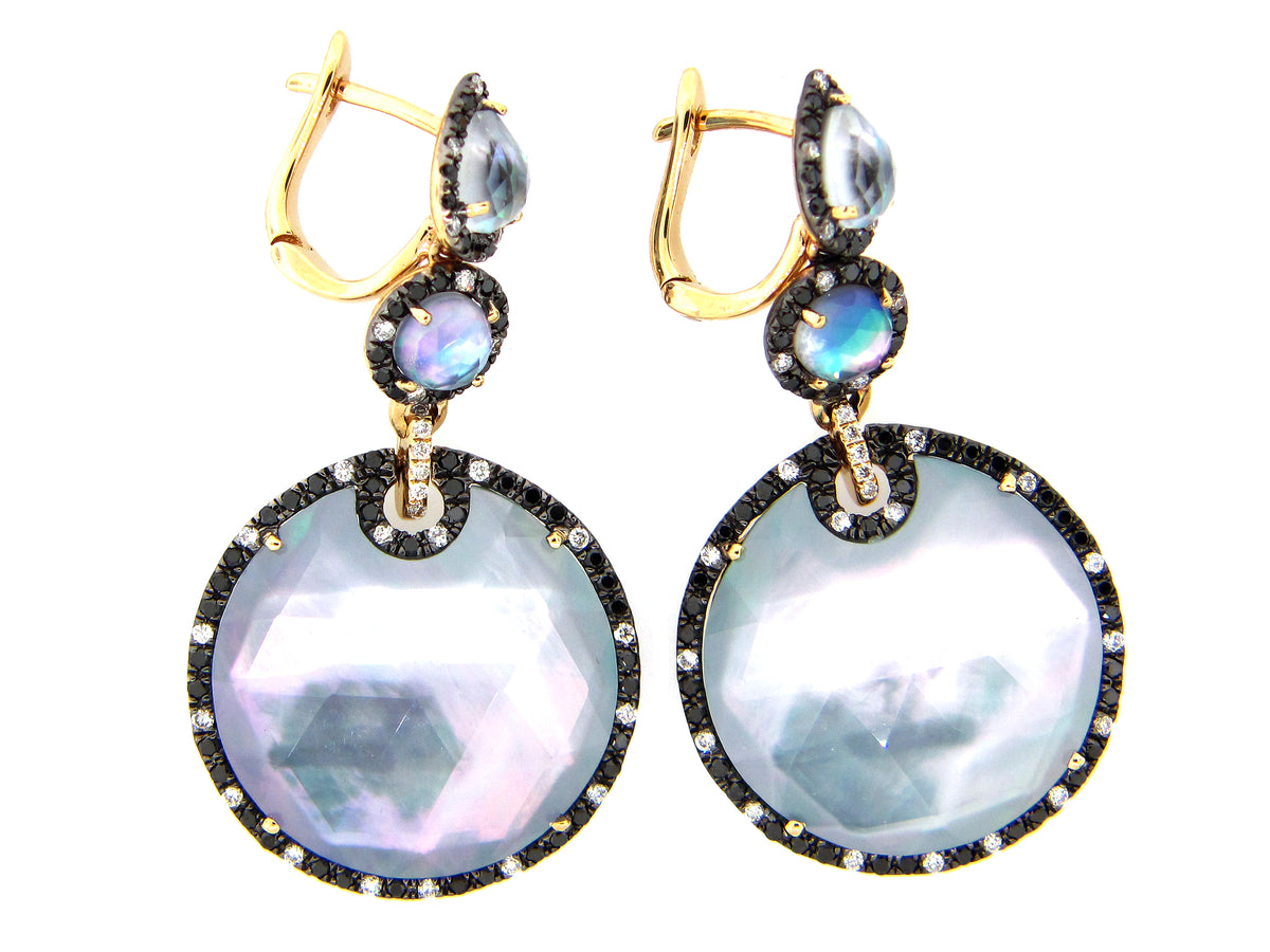 QUARTZ, SHELL & LAPIS TRIPLET, BLACK & WHITE DIAMOND EARRING, 14KY (ASBL/R)