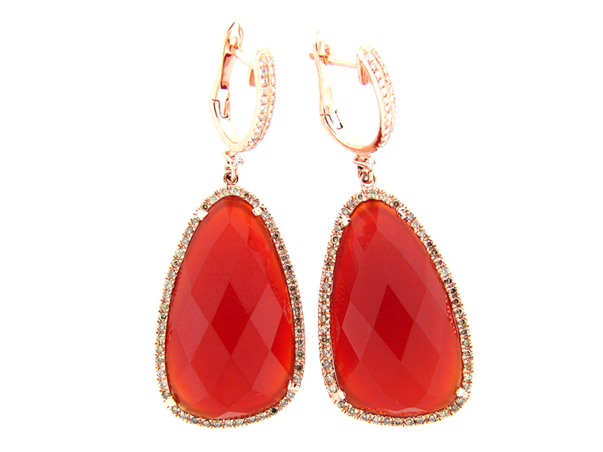 RED ORANGE AGATE, BROWN & WHITE DIAMOND EARRING, 14KR (D/N)