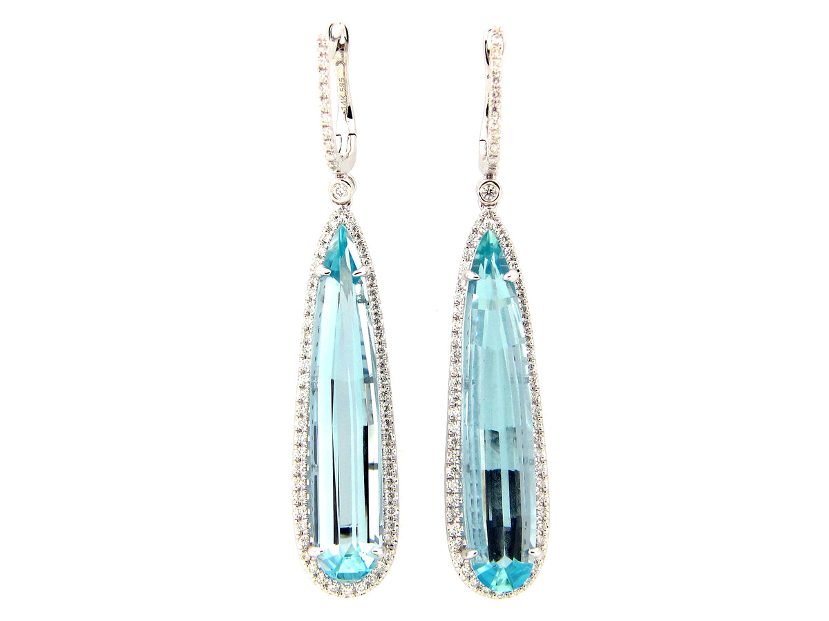 AQUAMARINE & DIAMOND EARRING, 14KW (H)