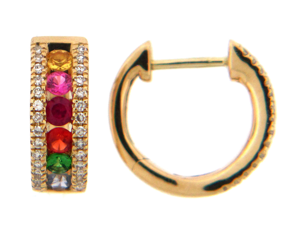 RAINBOW SAPPHIRE, TSAVORITE & DIAMOND CHANNEL HUGGY EARRING, 18KY (H/N)