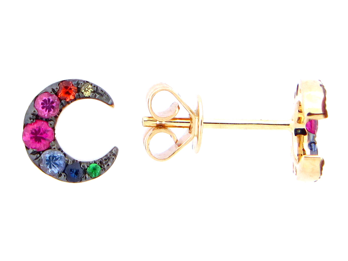RAINBOW SAPPHIRE & TSAVORITE CRESCENT MOON EARRING, 14KY (H/U/N)
