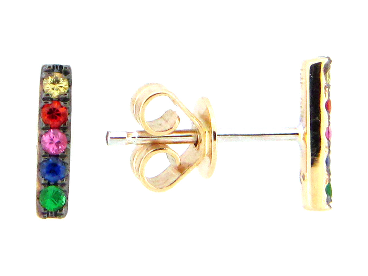 FANCY SAPPHIRE, RUBY & TSAVORITE BAR STUD EARRING, 18KY (H/U/N)