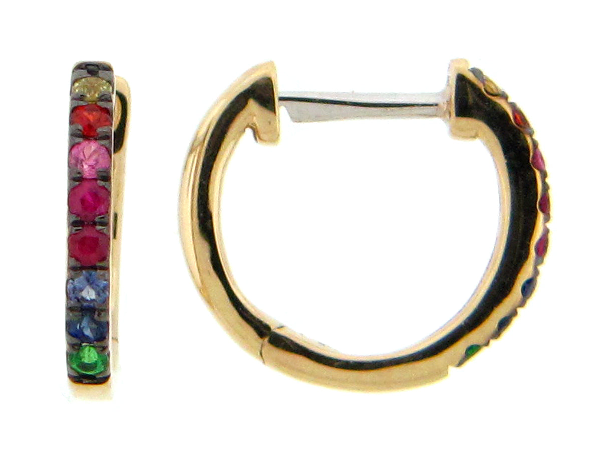 FANCY SAPPHIRE, RUBY & TSAVORITE 13MM HUGGY EARRING, 18KY (H/U/N)