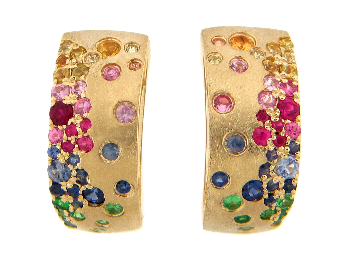 RAINBOW SAPPHIRE (H) & TSAVORITE (N) FLUSH SET EARRING, SATIN FINISH, 14KY