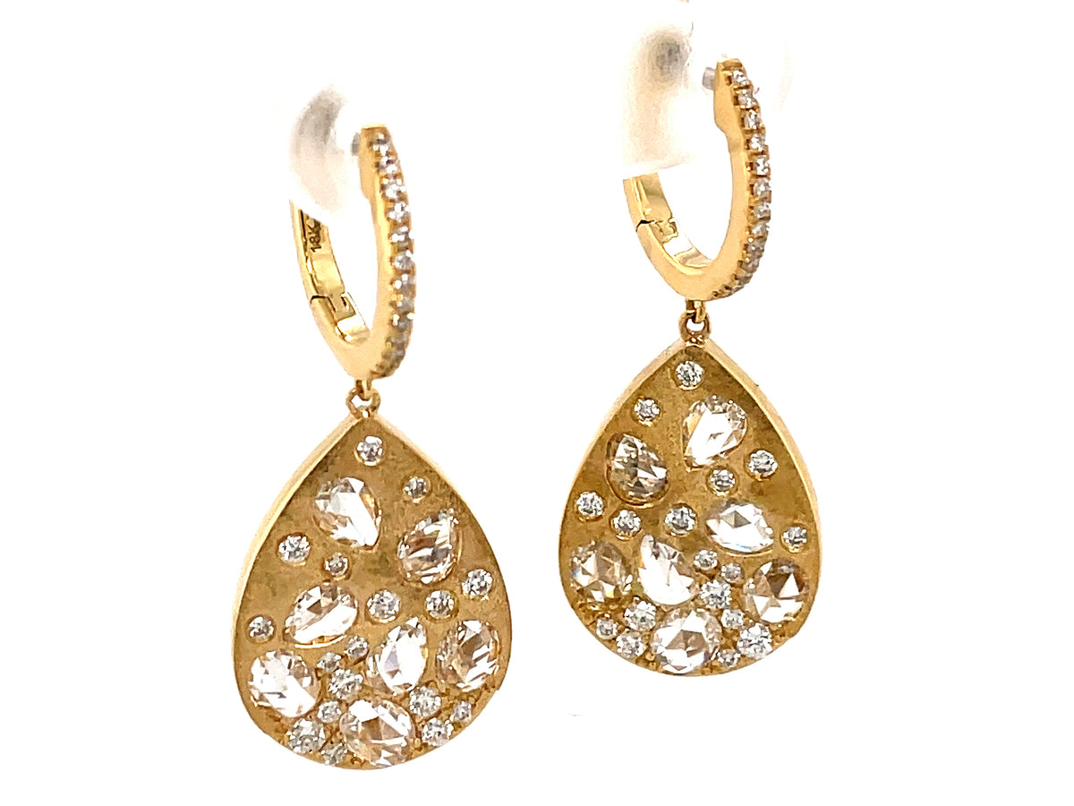 ROSE CUT DIAMOND FLUSH SET PEAR DANGLE EARRING, SATIN FINISH
