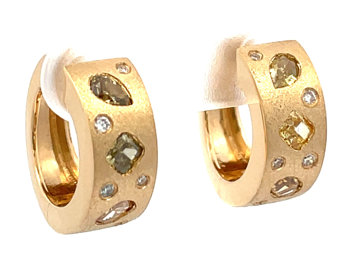NATURAL FANCY COLOR & WHITE DIAMOND TAPERED BACK EARRING,16MM, SATIN FINISH