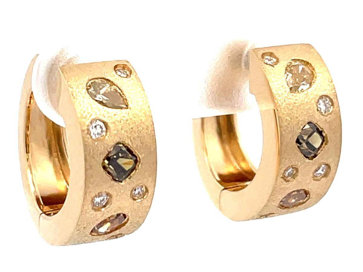 NATURAL FANCY COLOR & WHITE DIAMOND TAPERED BACK EARRING,16MM, SATIN FINISH