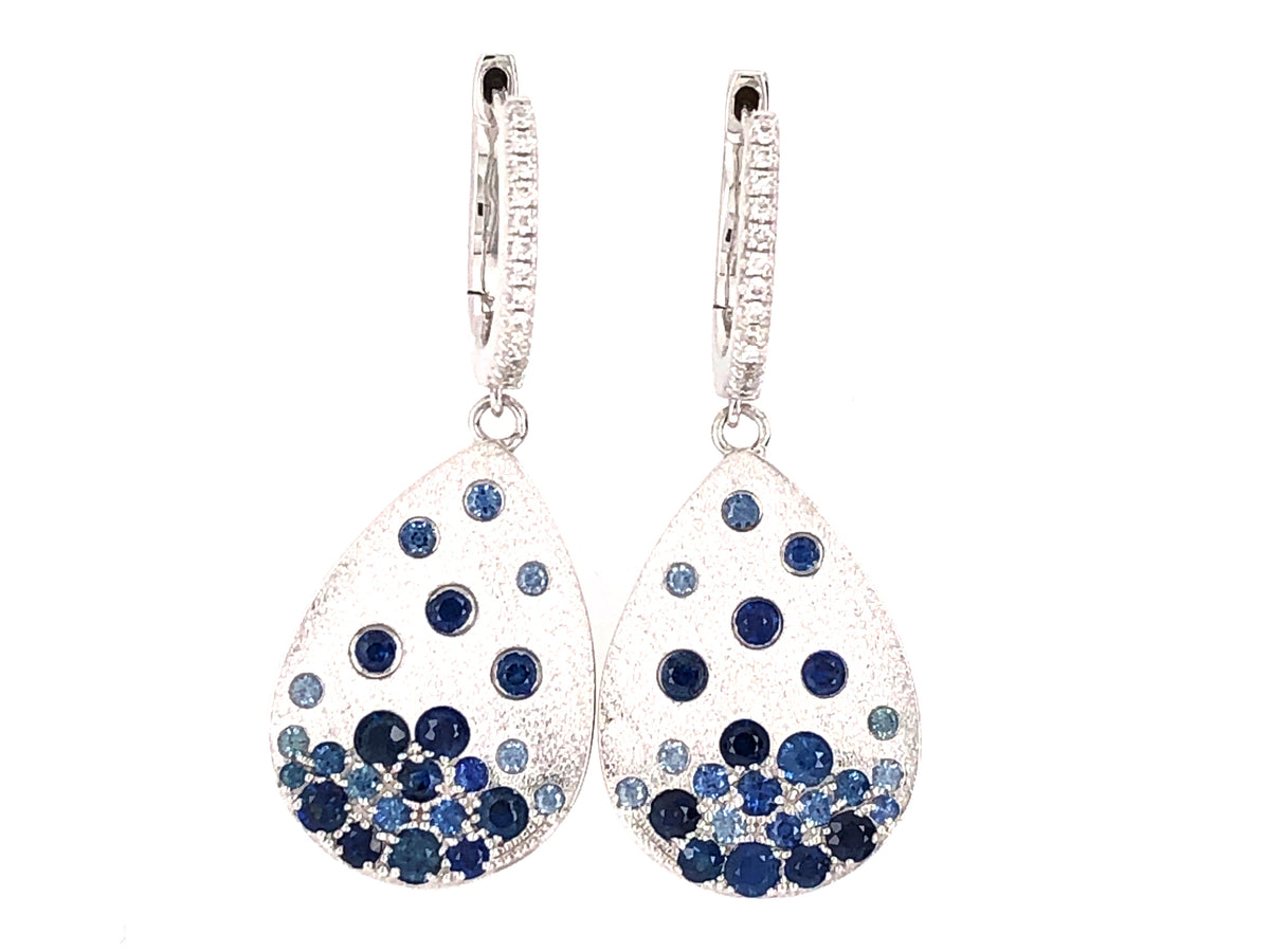 SAPPHIRE & DIAMOND FLUSH SET PEAR DANGLE EARRING, SATIN FINISH, 14KW (H)