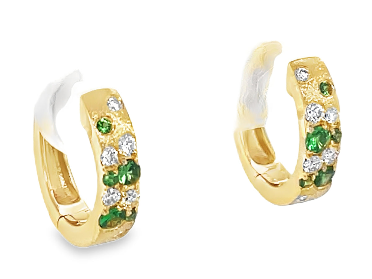 TSAVORITE & DIAMOND MIX FLUSH SET HUGGY CUSTOM EARRING, SATIN FINISH, 12.8MM
