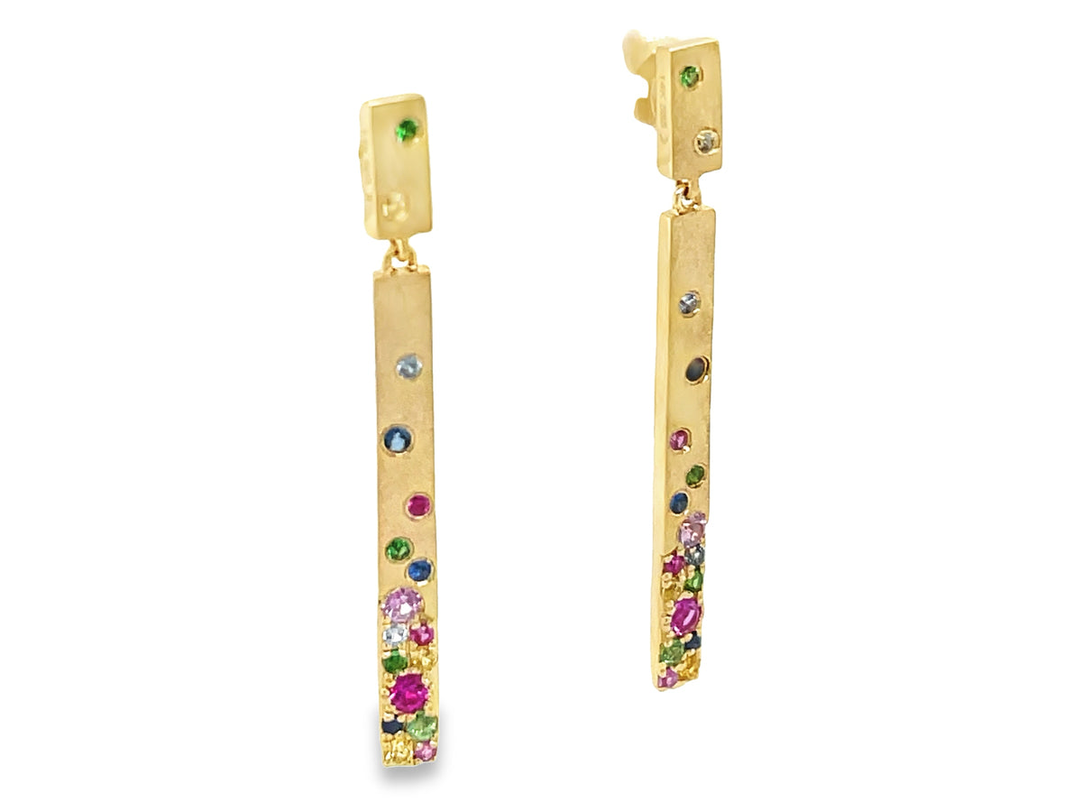 RAINBOW SAPPHIRE, TSAVORITE & RUBY 2 STATION BAR EARRING, SATIN FINISH