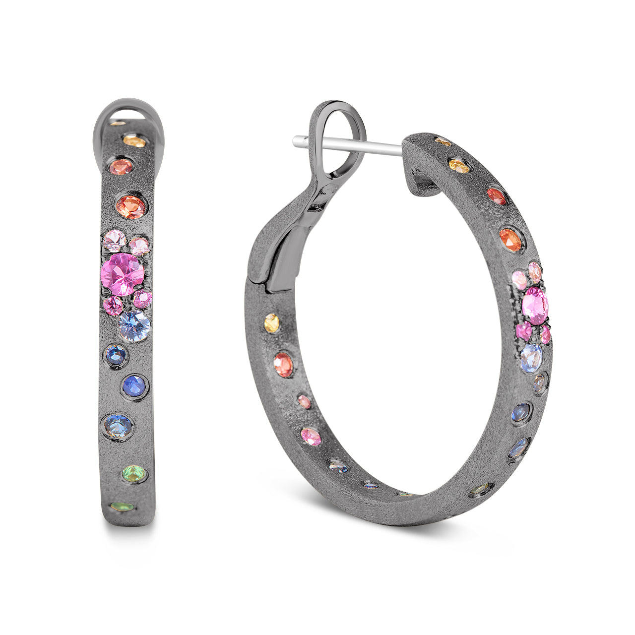 Rainbow Sapphire Confetti Round Hoop Earring