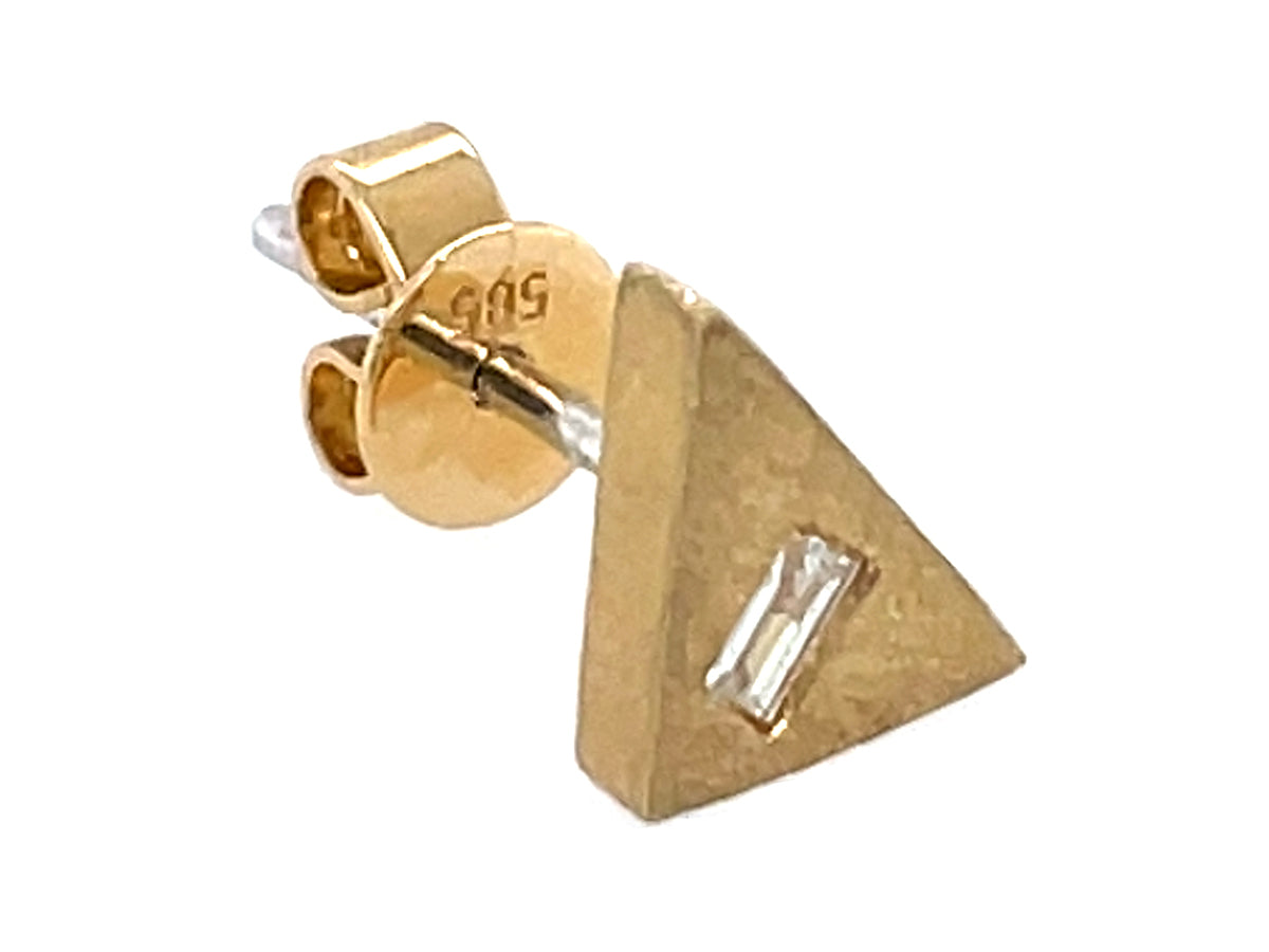 Single Diamond Baguette Flush Set Triangle Stud Earring, Satin Finish, 14ky (N)