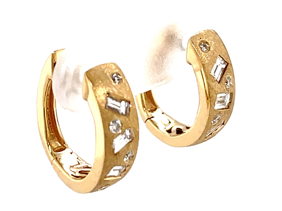 Diamond Baguettes Rounds Flush Set Earring, 15mm, Satin Finish, 14ky (N)