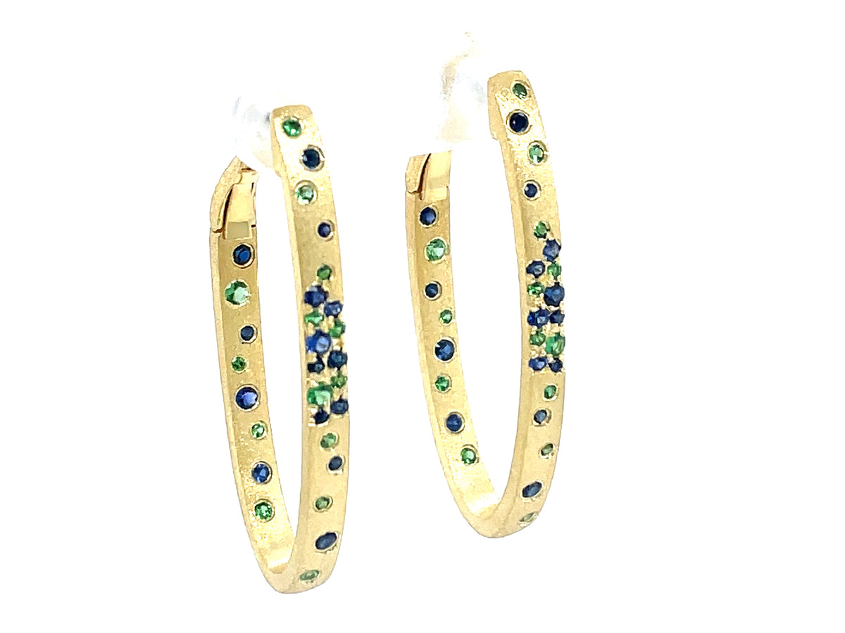 BLUE SAPPHIRE & TSAVORITE FLUSH SET OVAL HOOP EARRING, 37X17MM, SATIN FINISH