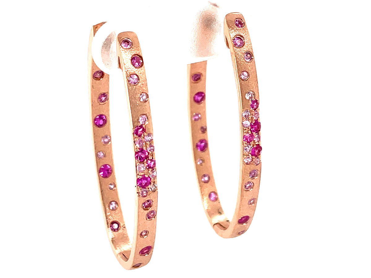 PINK SAPPHIRE & RUBY FLUSH SET OVAL HOOP EARRING, 37X17MM, SATIN FINISH