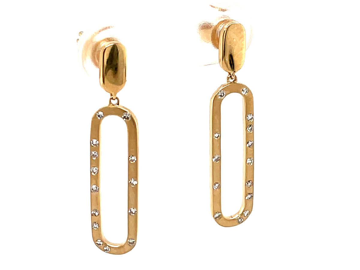 DIAMOND FLUSH SET OVAL DANGLE EARRING, SATIN FINISH, 14KY (N)