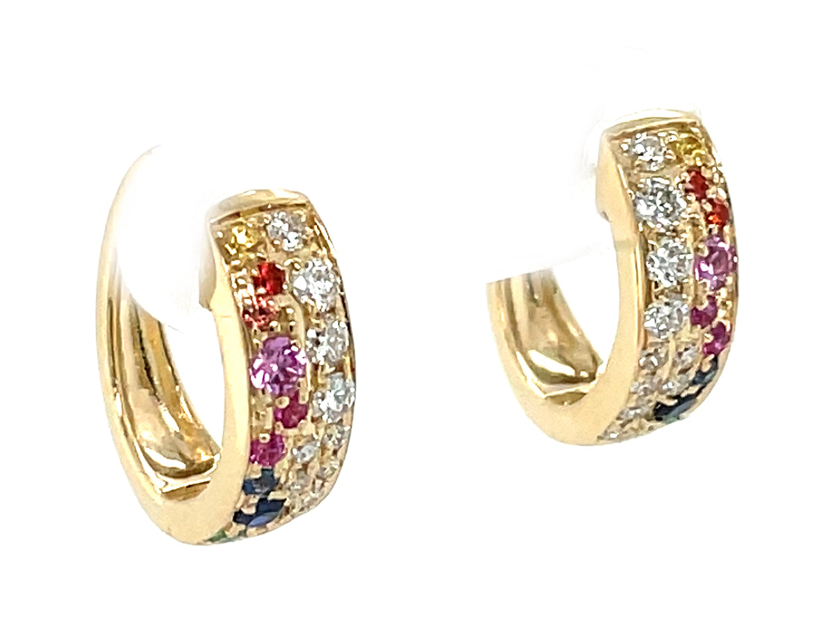 Rainbow Sapphire, Ruby, Tsavorite Diamond Pave Hoop Earring, 14x13mm