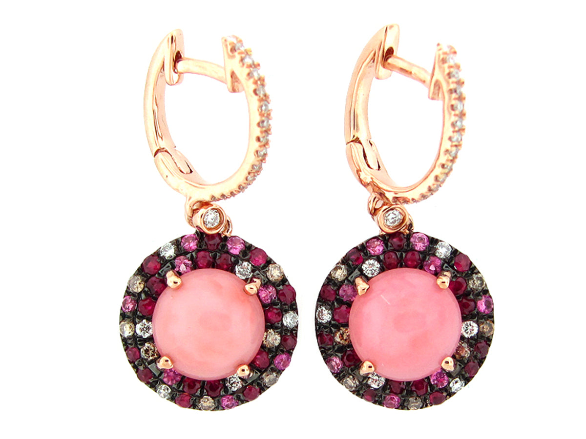 PINK OPAL, BROWN & WHITE DIAMOND, RUBY & PINK SAPPHIRE EARRING, 14KR (N/H), C=4.12