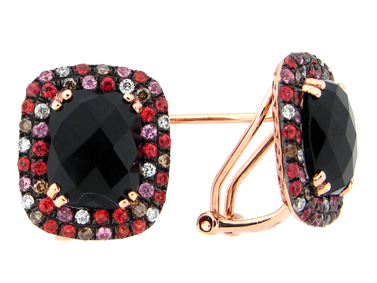 CHB BLACK ONYX, BROWN & WHITE DIAMOND, PINK & ORANGE SAPPHIRE EARRING, 14KR (D/H/N), C=6.05