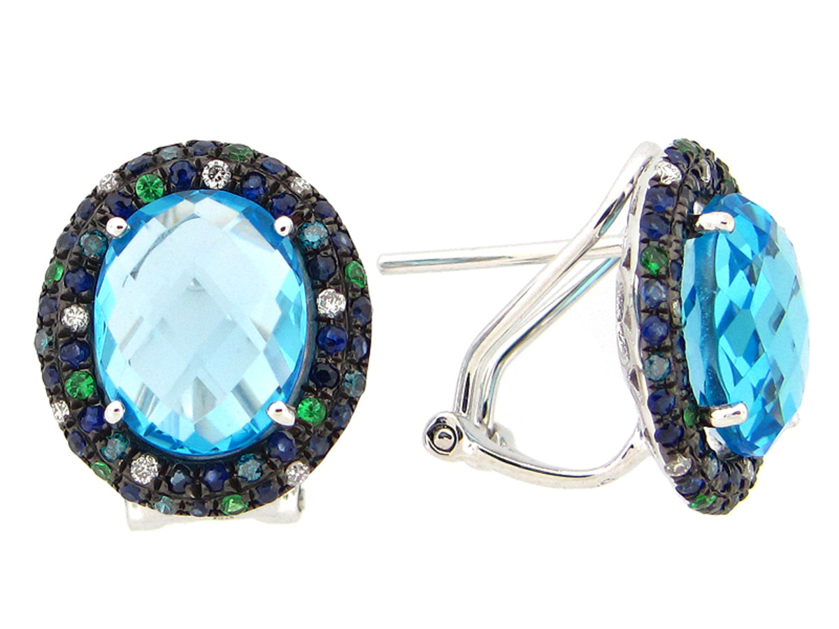 CHB BLUE TOPAZ, BLUE & WHITE DIAMOND, TSAVORITE & SAPPHIRE EARRING, 14KW (R/H/N), C=8.18