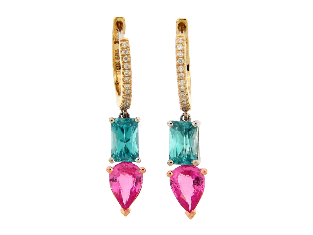 BLUE ZIRCON, PINK SAPPHIRE & DIAMOND DANGLE EARRING, 14KWYR (H)