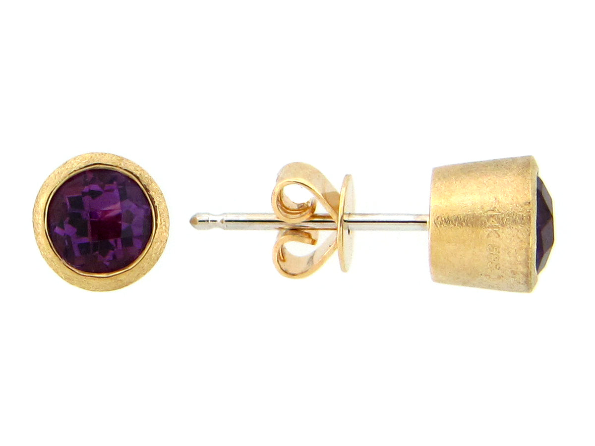 AMETHYST BEZEL STUD EARRING, SATIN FINISH, 14KY (H)