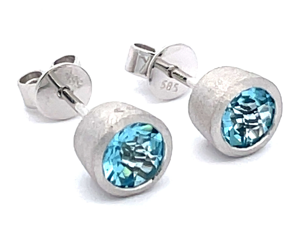 SWISS BLUE TOPAZ BEZEL STUD EARRING, SATIN FINISH, 14KW (R)