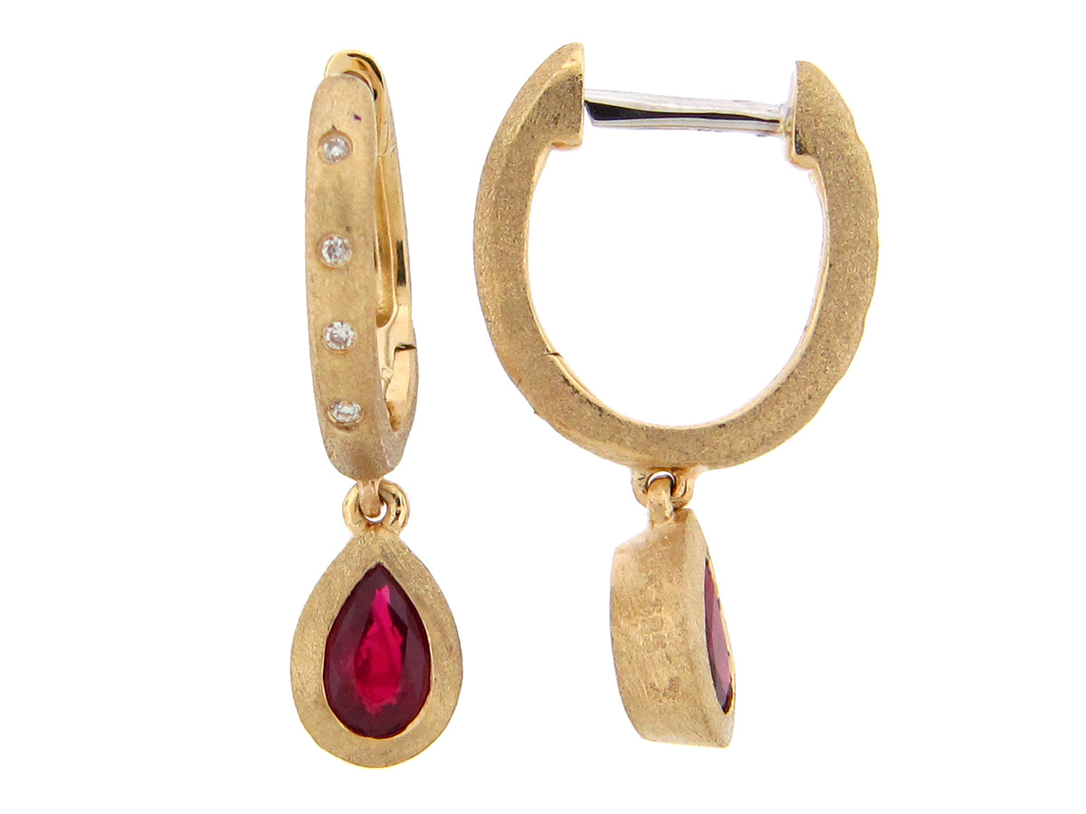 RUBY & DIAMOND PEAR DANGLE EARRING, SATIN FINISH, 14KY (H)