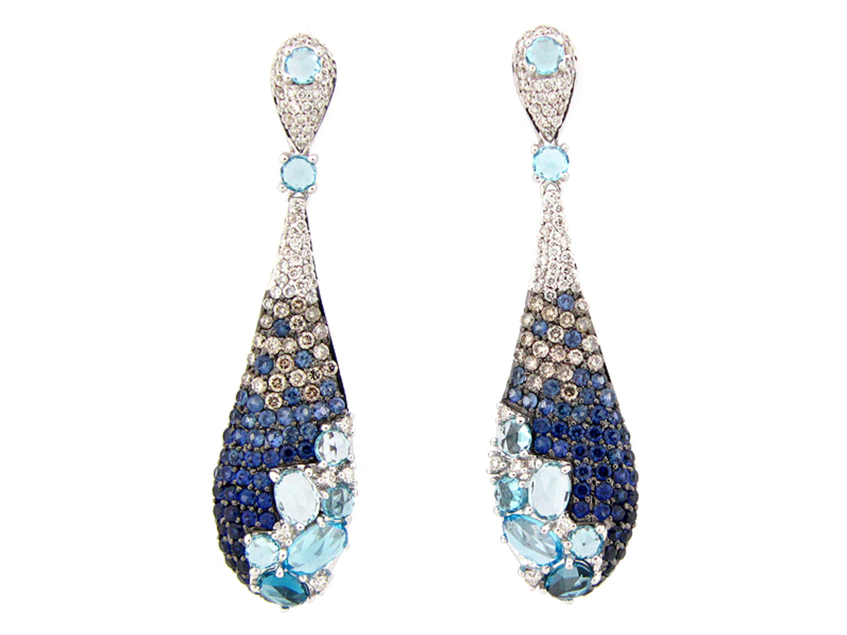 SAPPHIRE, BLUE TOPAZ, BROWN & WHITE DIAMOND EARRING, 14KW (H/R/N)