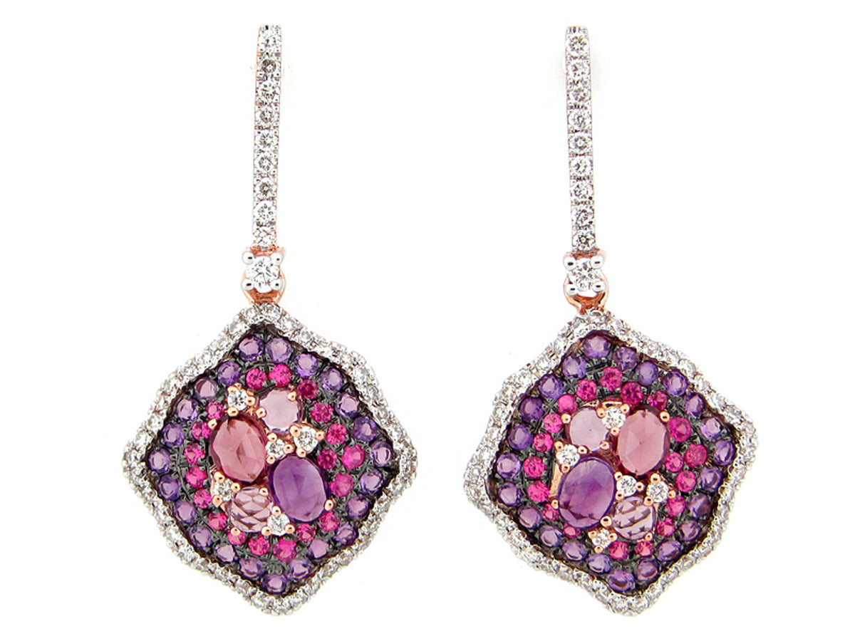 PINK SAPPHIRE, RHODOLITE, AMETHYST & DIAMOND EARRING, 14KR (H/N)