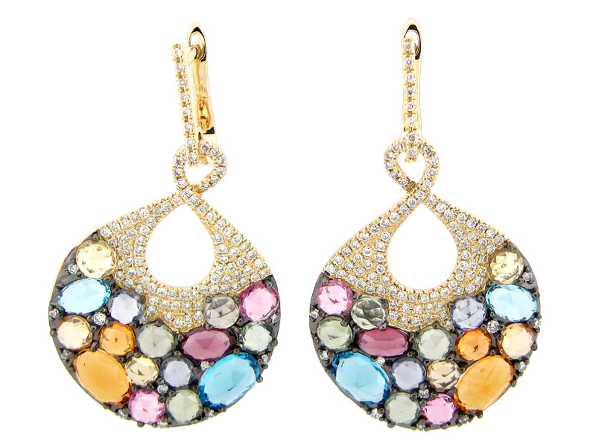 ROSE CUT FANCY COLOR SAPPH, RHODOLITE, CITRINE, BLUE TOPAZ & DIA EARR,14KY (H/R/N)