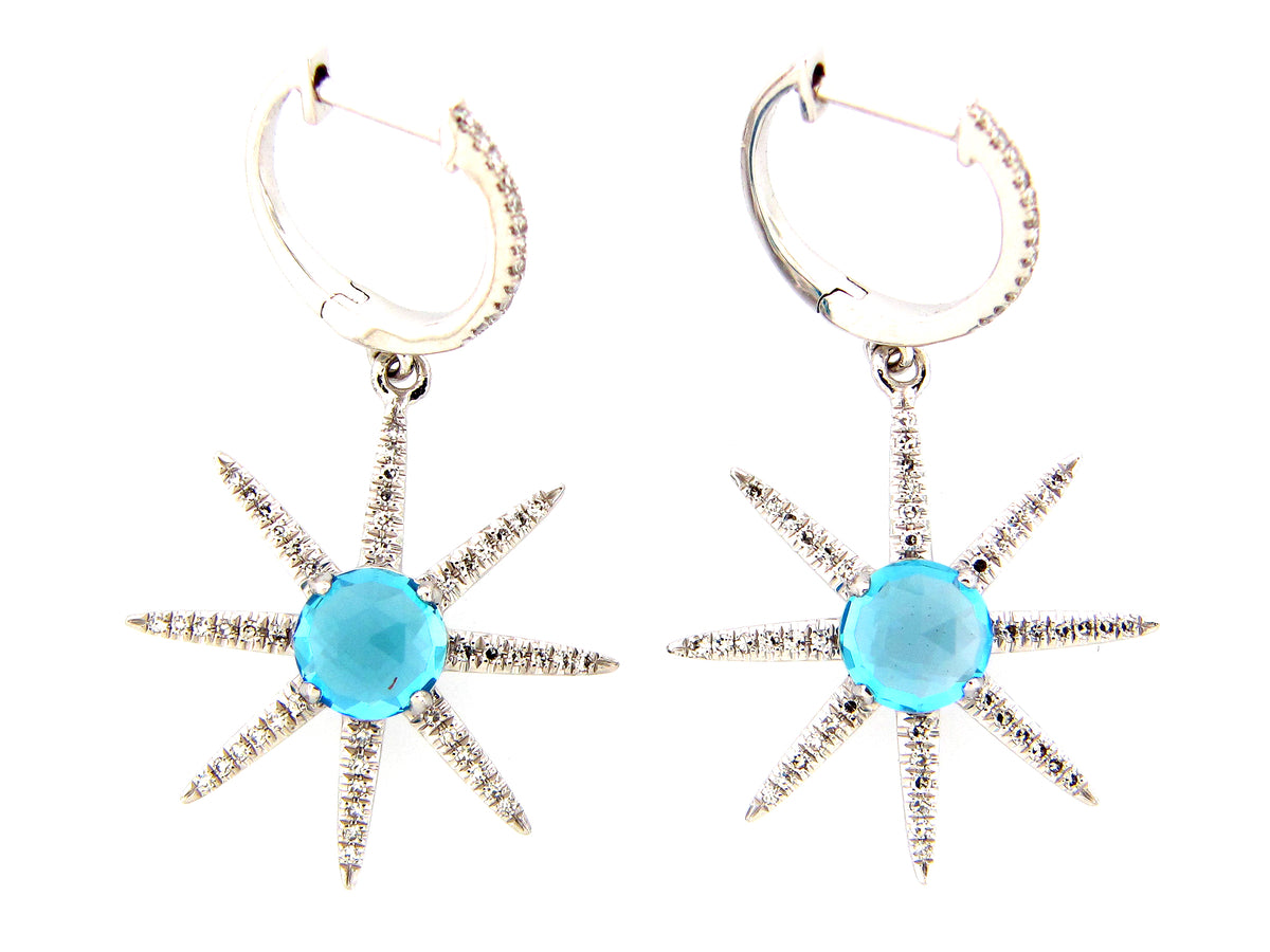 SWISS BLUE TOPAZ & DIAMOND 8 POINT STAR EARRING, 14KW (R)