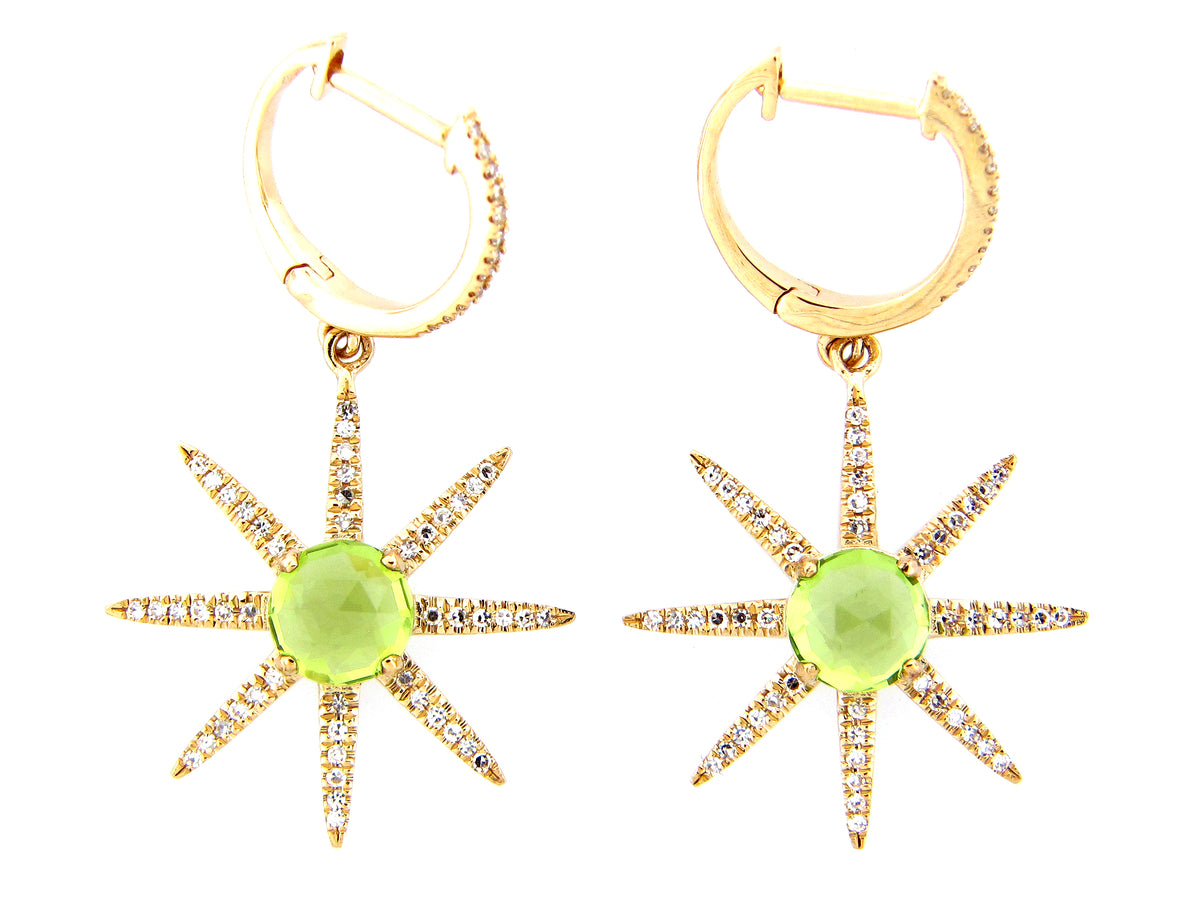 PERIDOT & DIAMOND 8 POINT STAR EARRING, 14KY (N)