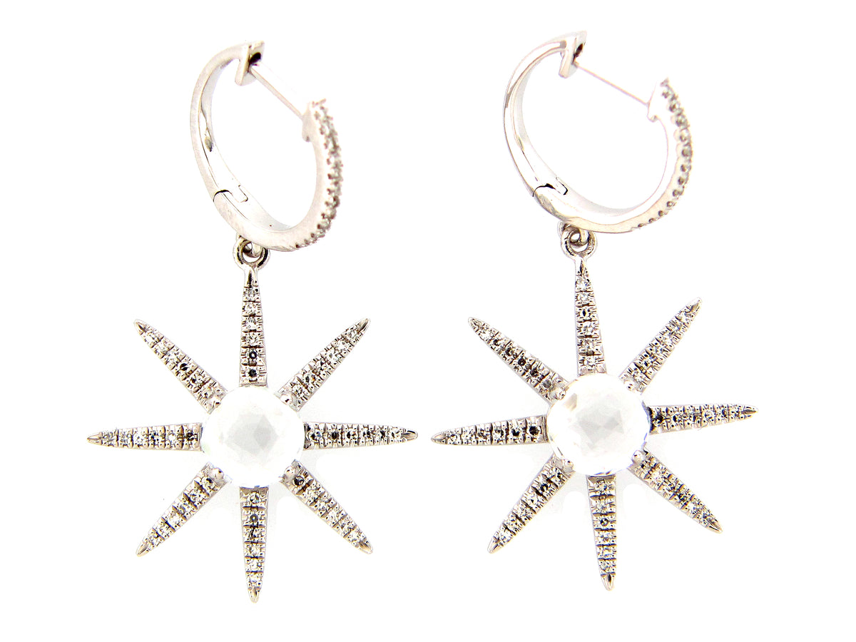 WHITE TOPAZ & DIAMOND 8 POINT STAR EARRING, 14KW (H)