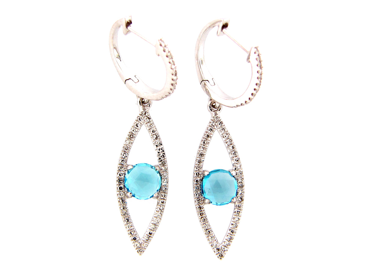 SWISS BLUE TOPAZ & DIAMOND EYELET EARRING, 14KW (R)