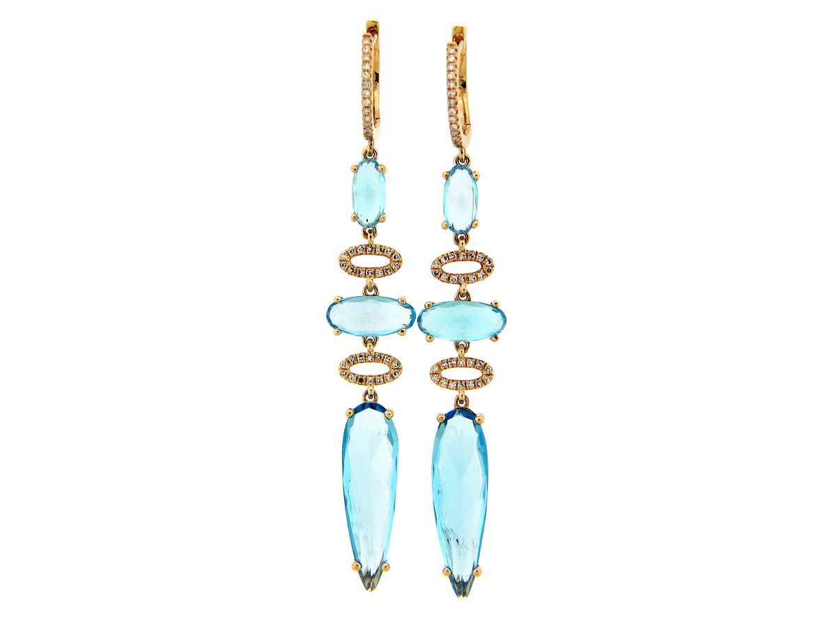 BLUE TOPAZ & DIAMOND 3 STATION DROP EARRING, 14KY (R)