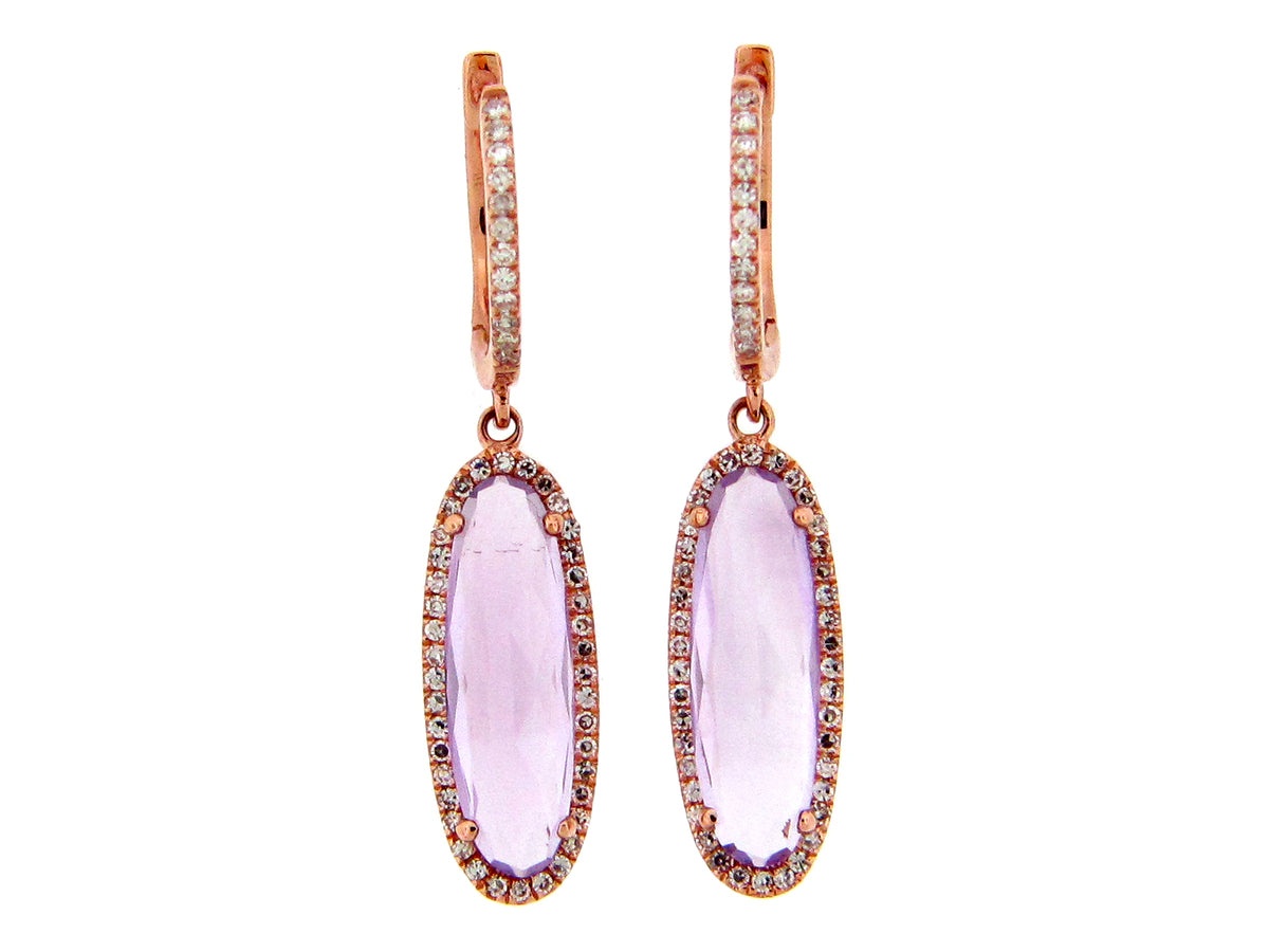 PINK AMETHYST & DIAMOND OVAL DROP EARRING, 14KR (H)