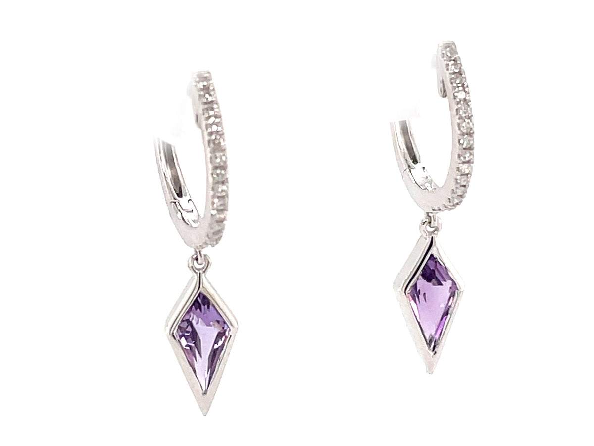 AMETHYST BEZEL TRAPEZOID & DIAMOND DANGLE EARRING