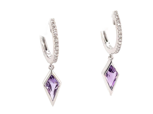 AMETHYST BEZEL TRAPEZOID & DIAMOND DANGLE EARRING